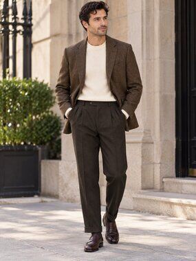 Vintage 7 Collection Brown 100% Wool Pleated Cuffed Dress Pants Mens 34